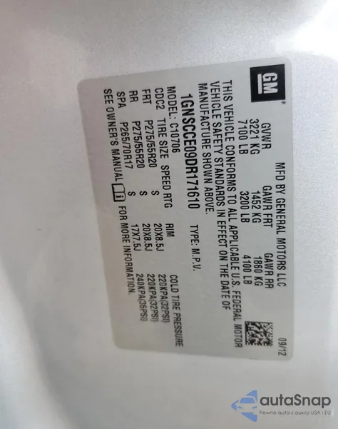 2013 Chevrolet Tahoe C1500 Ltz z USA, uszkodzony, nr VIN 1GNSCCE09DR171610